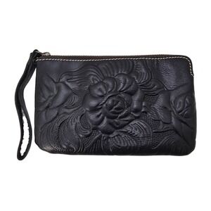 Patricia Nash Italian Leather Black Rose Embossed Wristlet Clutch